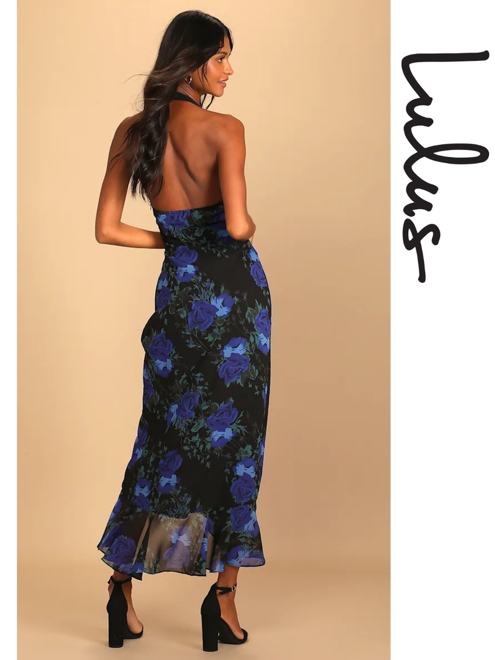 Lulu's - Elegant Entrance Black Floral Print Halter Maxi Dress- Small - Picture 3 of 6